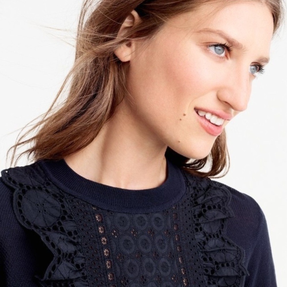 J.Crew Navy Blue Lace Eyelet Bib Ruffle Front Summerweight Cotton Sweater XXS - Picture 2 of 10